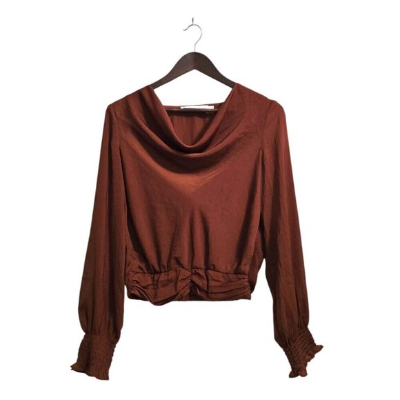 Astr The Label Satin Drape Neck Long Sleeve Blouse in Rust Sz XS - Picture 1 of 11